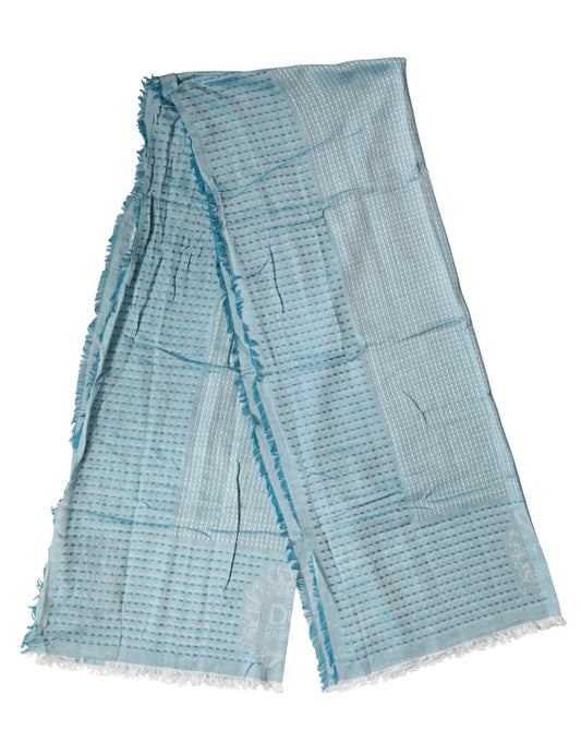 Light Blue Silk Blend Fringed Logo 185cm x 73.5cm Scarf