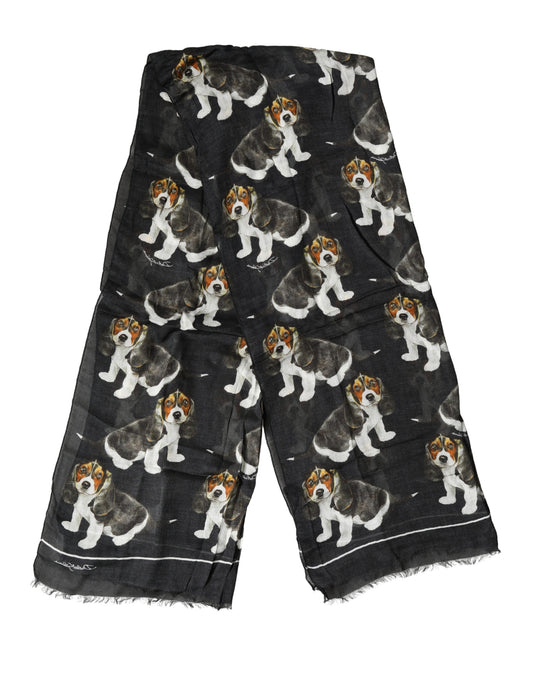 Black Modal Wool Dog Print Fringed 178cm x 64cm Scarf