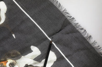Black Modal Wool Dog Print Fringed 178cm x 64cm Scarf