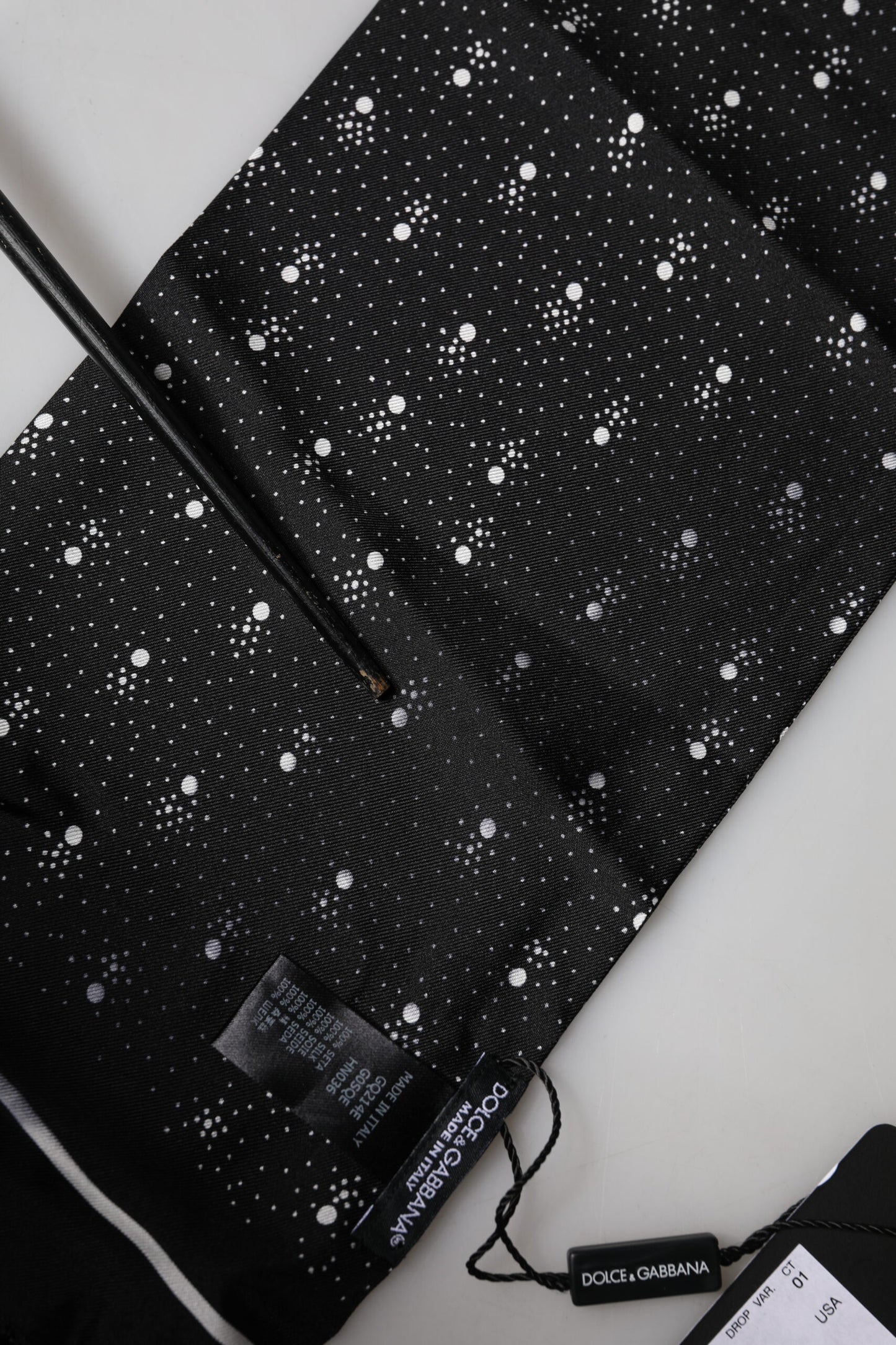 Black White Silk Dotted Print Foulard 140cm X 15cm Scarf